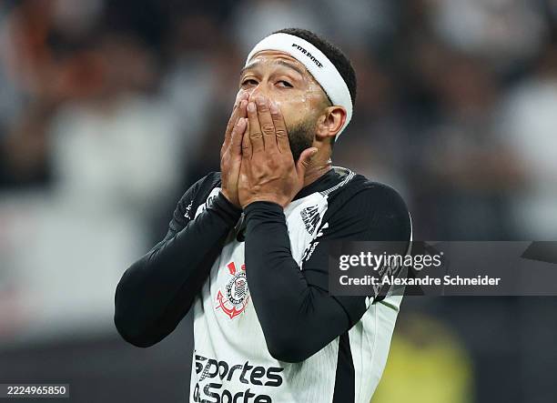 Memphis Depay of Corinthians reacts during a Brasileirao 2025 match between Corinthians and Bragantino at Neo Quimica Arena on July 13, 2025 in Sao...