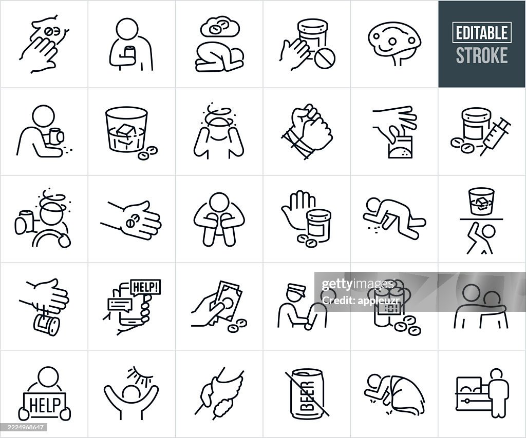 Substance Abuse Thin Line Icons - Editable Stroke - Icons Include People Abusing Drugs, Opioids, Pain Killers, Prescription Medication, Drug Addiction, Alcohol Addiction, Alcohol Abuse, Alcoholic, Help, Hope, Support
