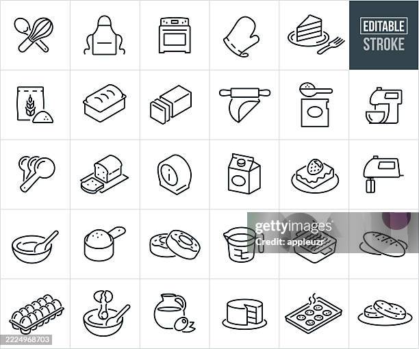 bildbanksillustrationer, clip art samt tecknat material och ikoner med baking thin line icons - editable stroke - icons include food prep, ingredients, baked food, kitchen utensil, baked bread, measuring spoon, mixing bowl, cake, cookies - kökstillbehör