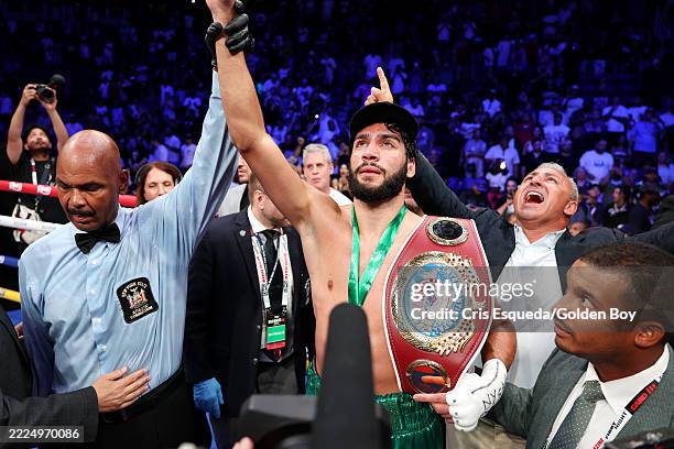 Hamzah Sheeraz reacts after defeating Edgar Berlanga during their super middleweight title eliminator fight at USTA Billie Jean King National Tennis...