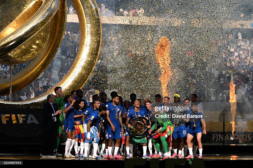 Joao Pedro of Chelsea FC lifts the FIFA Club World Cup trophy after