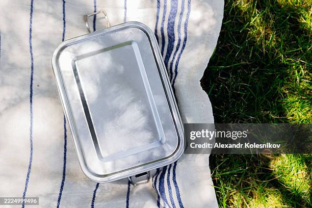 box stainless steel lunch container on tablecloth on grass. - rostfritt stål bildbanksfoton och bilder