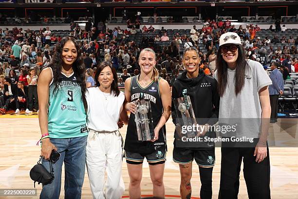 Isabelle Harrison, Clara Wu Tsai, Sabrina Ionescu, Natasha Cloud, and Breanna Stewart of the New York Liberty pose for a photo during the Kia WNBA...