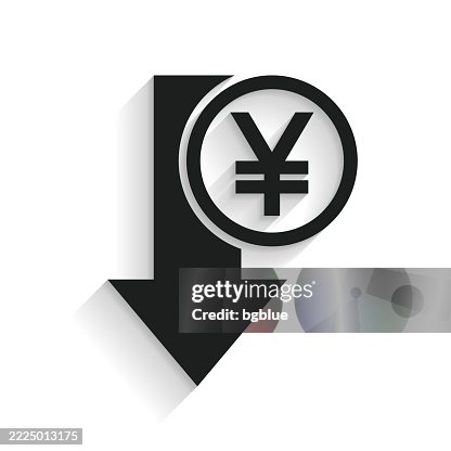 Yen decrease. Icon with long shadow on white background Yen decrease. Icon with long shadow on white background