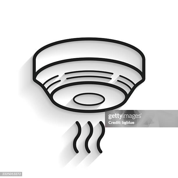 ilustraciones, imágenes clip art, dibujos animados e iconos de stock de detector de humo. icono de línea con sombra larga sobre fondo blanco - smoke-detector-with-smoke