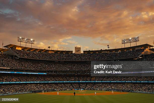 General view of Dodger Stadium is seen during the game between the Milwaukee Brewers and the Los Angeles Dodgers on Friday, July 18, 2025 in Los...