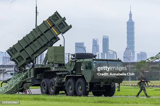 Taiwan's Patriot air defense system is deployed at a park during the Han Kuang drill on July 14, 2025 in Taipei, Taiwan. Taiwan’s annual Han Kuang...