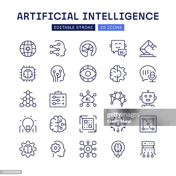artificial intelligence symbols line icon set - science technology engineering math stock illustrations
