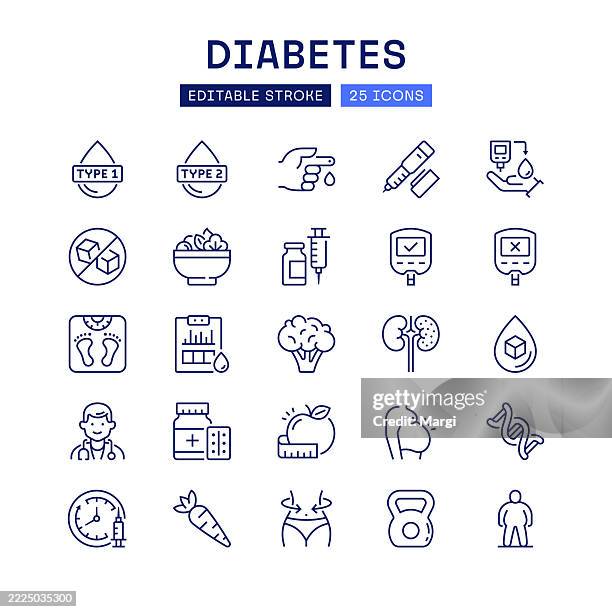 ilustraciones, imágenes clip art, dibujos animados e iconos de stock de conjunto de iconos de línea de símbolos de diabetes - insulina