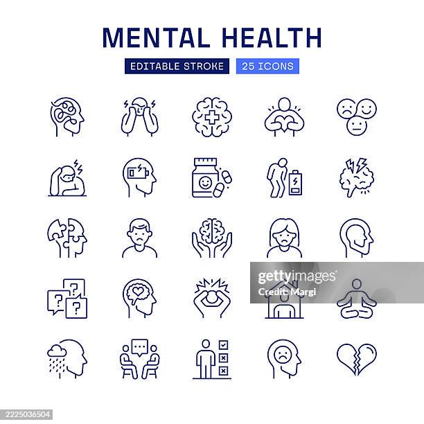 ilustrações de stock, clip art, desenhos animados e ícones de mental health symbols line icon set - doença mental