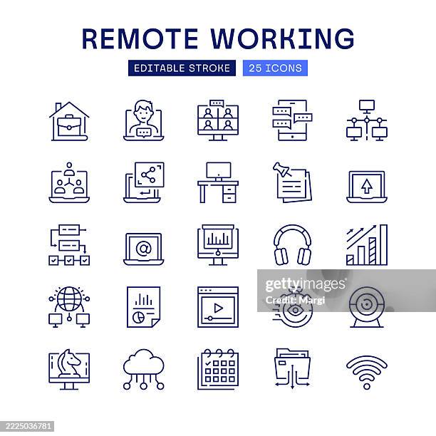remote working symbols line icon set - work from home learning stock illustrations