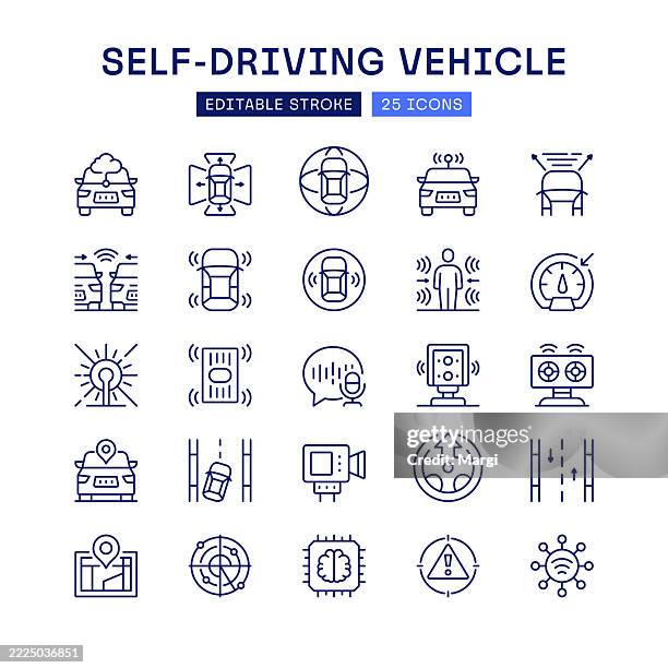 ilustraciones, imágenes clip art, dibujos animados e iconos de stock de conjunto de iconos de línea de símbolos de vehículos autónomos - autonomous vehicle lidar