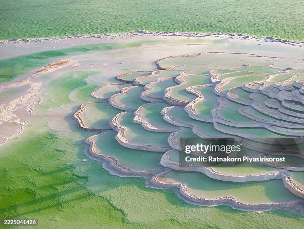 emerald lake, china: terraced green pools form stunning abstract natural patterns. - salt flat stock pictures, royalty-free photos & images