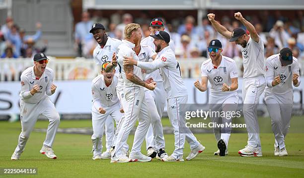 Ben Stokes of England celebrates the wicket of KL Rahul of India with his team after a review during Day Five of the 3rd Rothesay Test Match between...