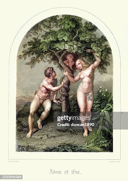 adam und evam im garten eden, religiöse bibelillustration - adam bibelfigur stock-grafiken, -clipart, -cartoons und -symbole