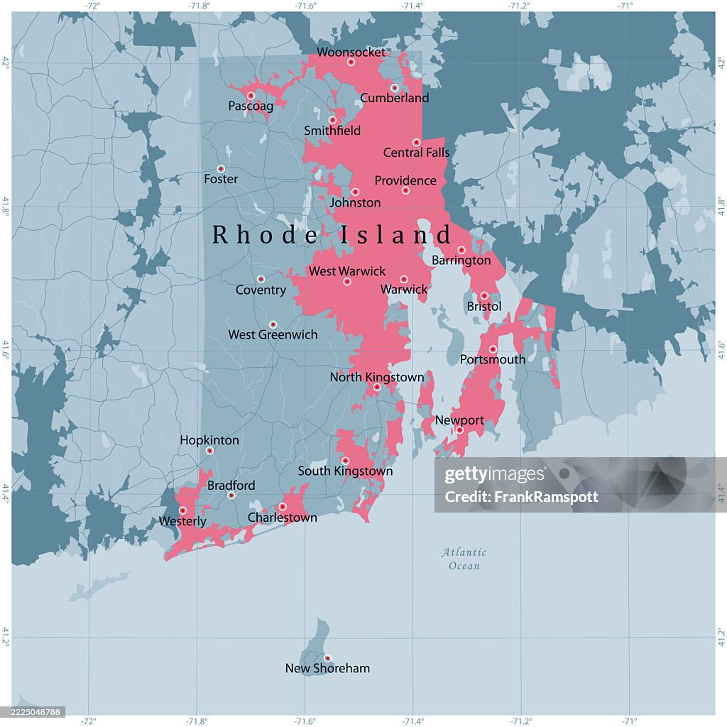 Rhode Island US State Vector Road Map Grey