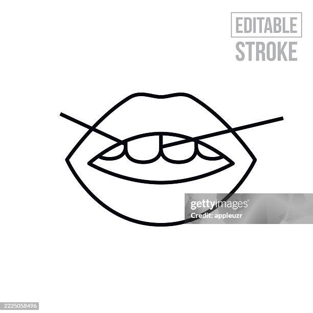 teeth being flossed thin line icon - editable stroke - floss vector stock illustrations