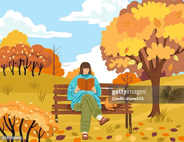 a woman reads in the park in autumn - park bench stock illustrations