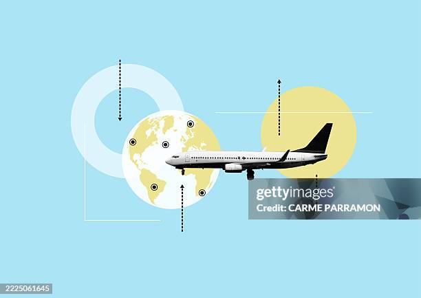ilustrações de stock, clip art, desenhos animados e ícones de an airplane and the world. travel planing. - veículo aéreo