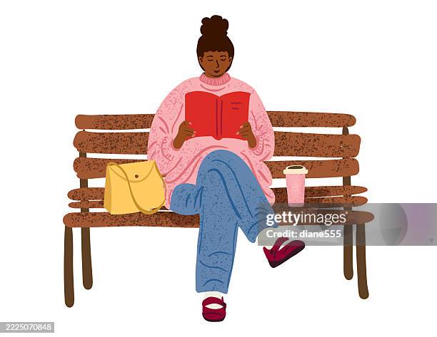 a woman sitting on a bench reading. she wears autumn clothing - park bench stock illustrations