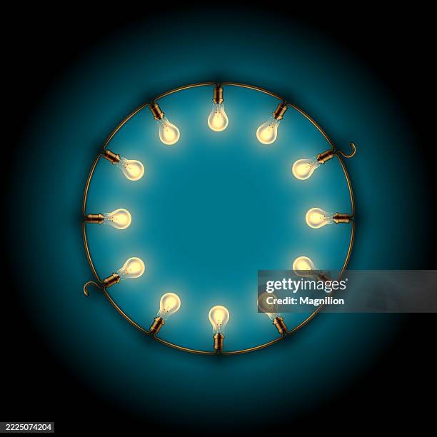 light bulb frame with glowing illumination, decorative circular design, vector - stage lighting stock illustrations