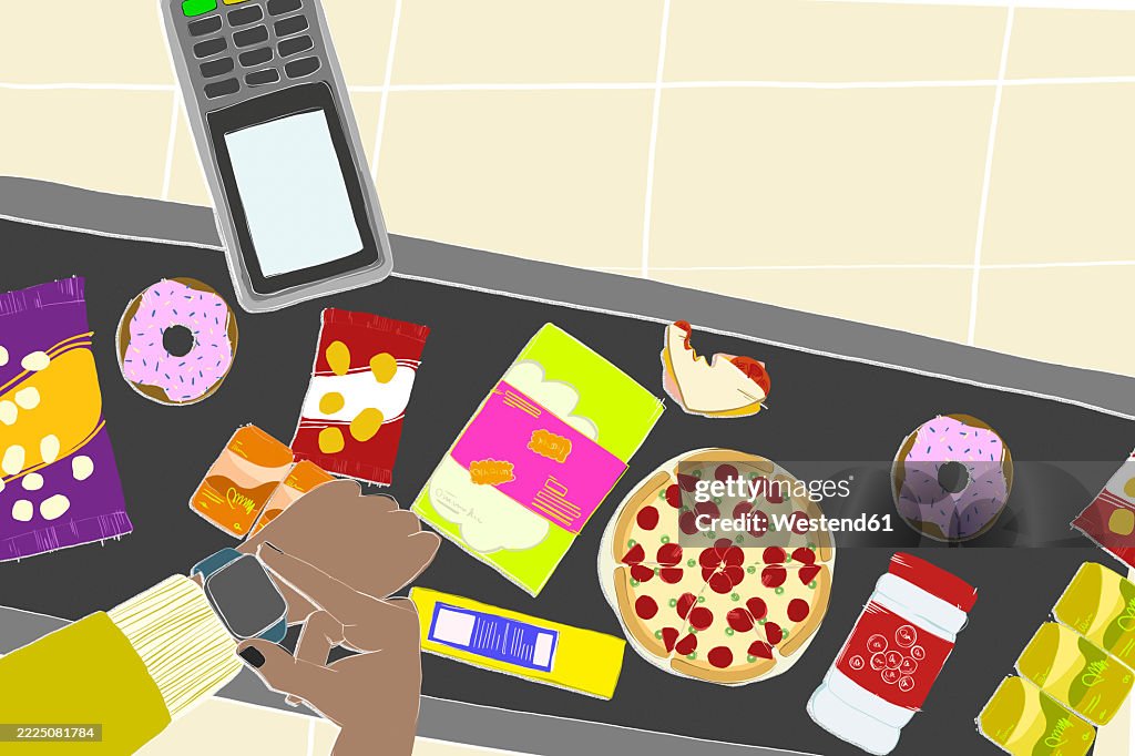 Illustration of a supermarket checkout with groceries and a smartwatch for digital payment