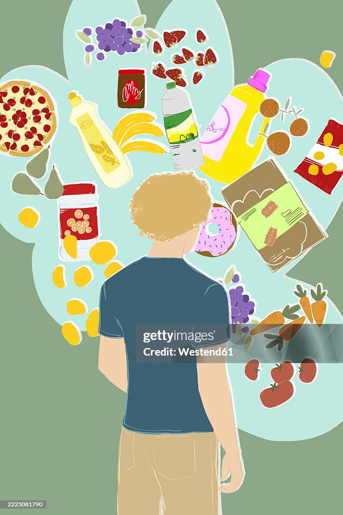 Illustration of a man shopping for groceries in a supermarket with a variety of food items