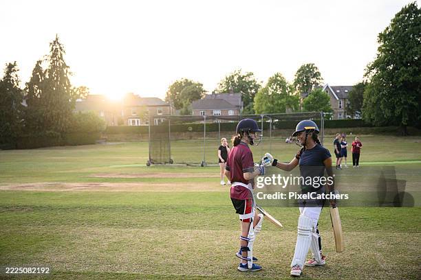 batting team fist bump as they change ends after the over - cricket player stock pictures, royalty-free photos & images