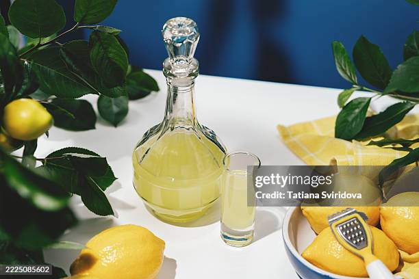 garden table with limoncello liquor in shot glass and several fresh lemons on table. summer vibes with freshly squeezed lemon juice. - carafe stock pictures, royalty-free photos & images