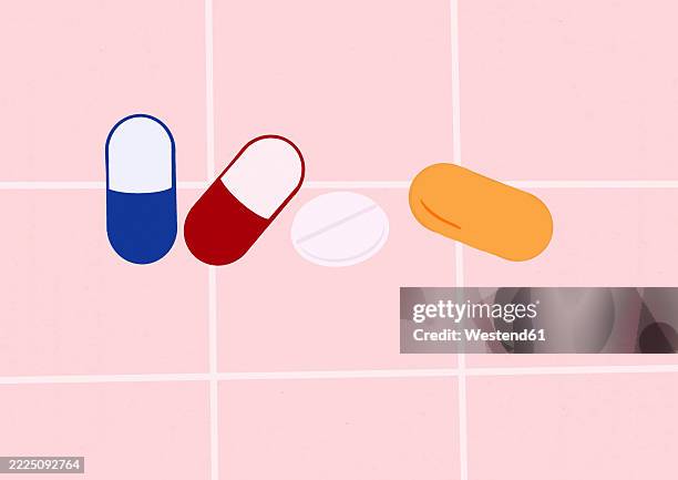 illustration of various pills and capsules on a pink background - addiction therapy stock illustrations