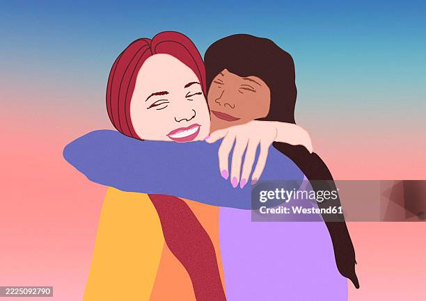 illustration of two friends hugging and smiling with a colorful background - embracing stock illustrations
