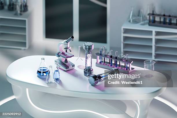 futuristic laboratory with microscope and glassware on a table - clean workbench stock illustrations