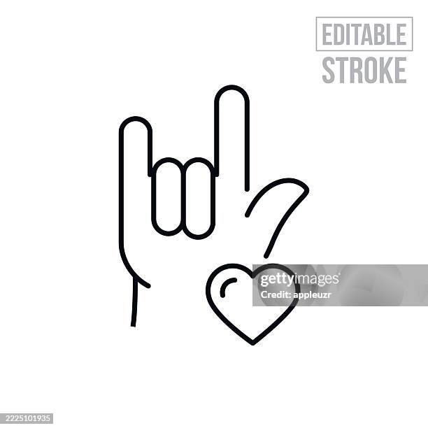 hand gesturing i love you and a heart shape thin line icon - editable stroke - i love you stock illustrations