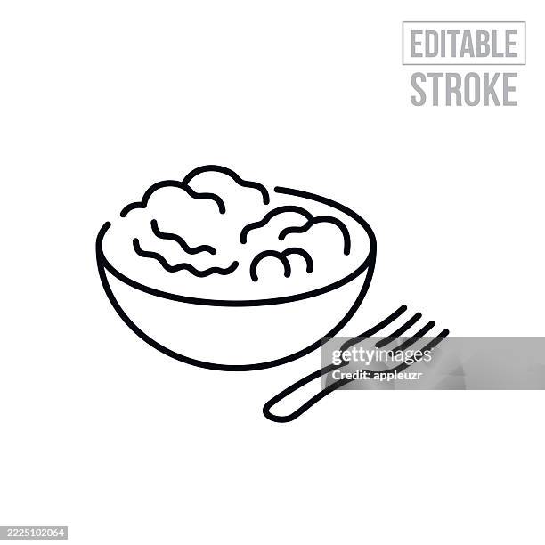 salad in a bowl with a fork thin line icon - editable stroke - spinach stock illustrations