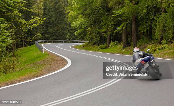 motociclista navegando por una carretera sinuosa a través de un frondoso bosque verde en primavera - motociclista fotografías e imágenes de stock
