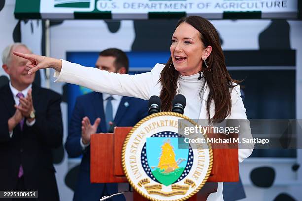 Secretary of Agriculture Brooke L. Rollins speaks during a press conference on the steps of the United States Department of Agriculture on July 14,...