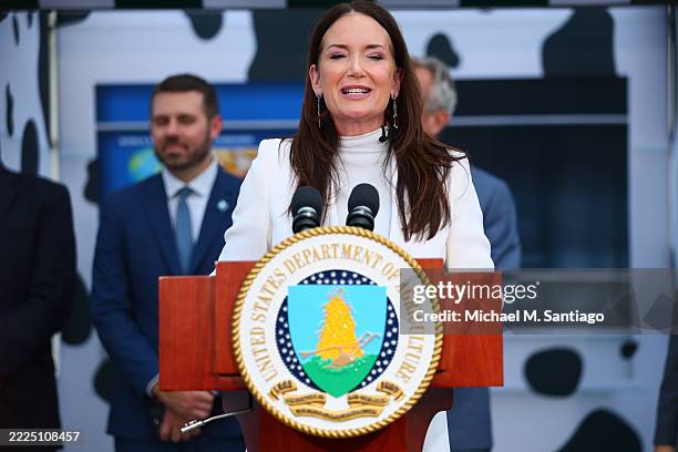 Secretary of Agriculture Brooke L. Rollins speaks during a press conference on the steps of the United States Department of Agriculture on July 14,...