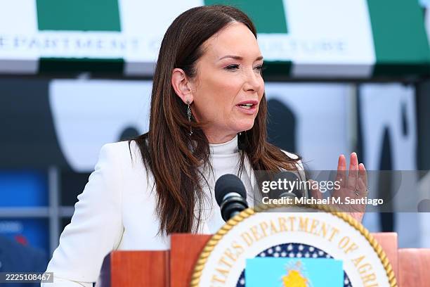 Secretary of Agriculture Brooke L. Rollins speaks during a press conference on the steps of the United States Department of Agriculture on July 14,...
