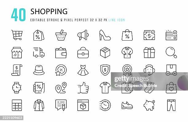 shopping line icon set. 40 editable stroke vector graphic elements, pixel perfect. for mobile and web. - shopping stock illustrations