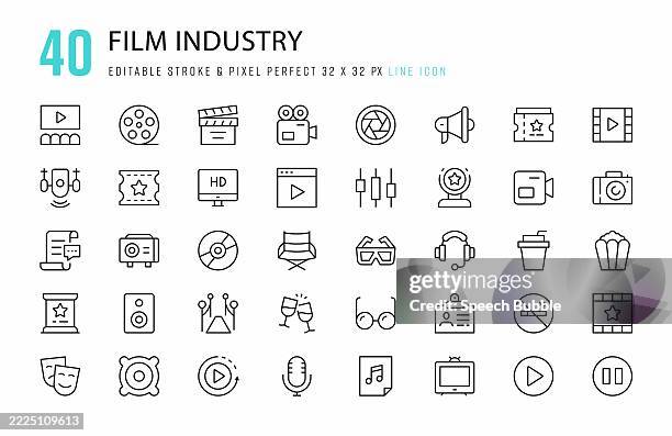 filmindustrie linie icon set. 40 bearbeitbare strich-vektorgrafik-elemente, pixelgenau. für mobilgeräte und web. - film und rundfunkausrüstung stock-grafiken, -clipart, -cartoons und -symbole