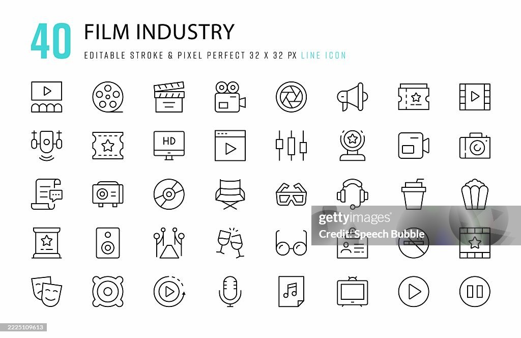 Film Industry line icon set. 40 editable stroke vector graphic elements, pixel perfect. For mobile and web.