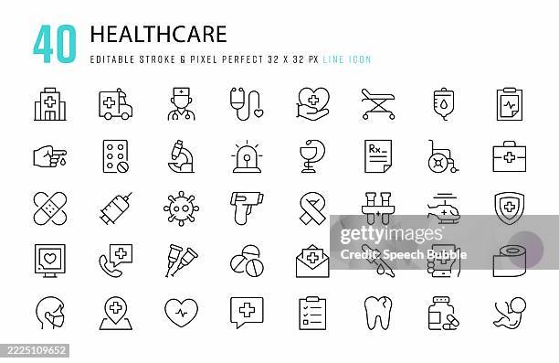 icon-set für die gesundheitslinie. 40 bearbeitbare strich-vektorgrafik-elemente, pixelgenau. für mobilgeräte und web. - tablettenbehälter stock-grafiken, -clipart, -cartoons und -symbole