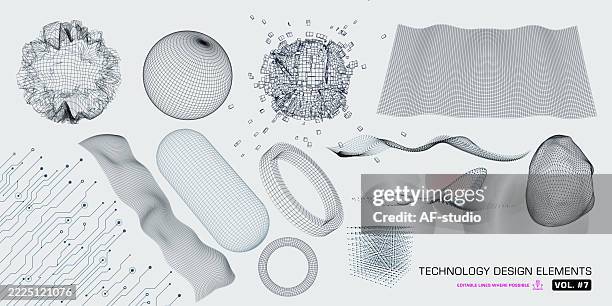 sammlung abstrakter tech-shapes – 3d-drahtgitterelemente und digitale gitterformen - drahtrahmenmodell stock-grafiken, -clipart, -cartoons und -symbole
