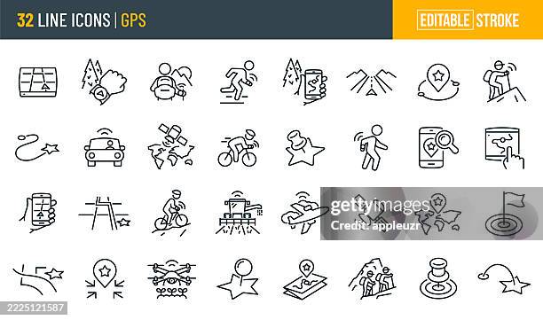 gps thin line icons - editable stroke - icons include gps navigation, mapping, location, satellite navigation, global positioning system, tracking, hiking, agriculture - city drone stock illustrations