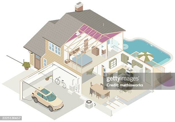 house cutaway with crawl space - breakfast bar overhead stock illustrations