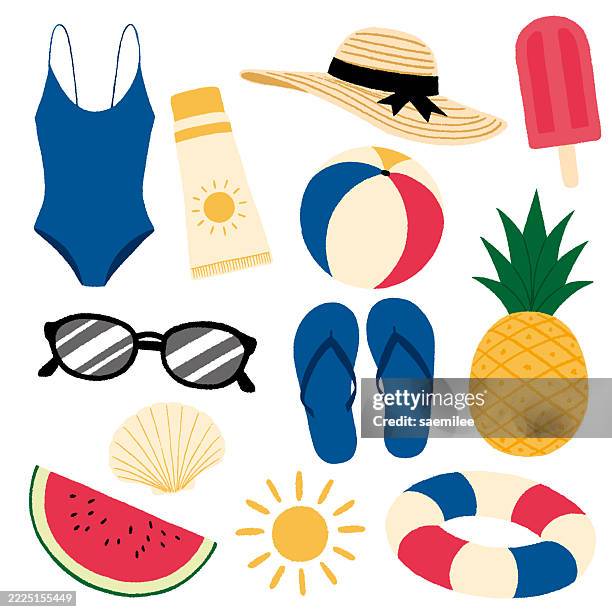 summer vacation clipart set with beach accessories and tropical elements - sunscreen hat stock illustrations