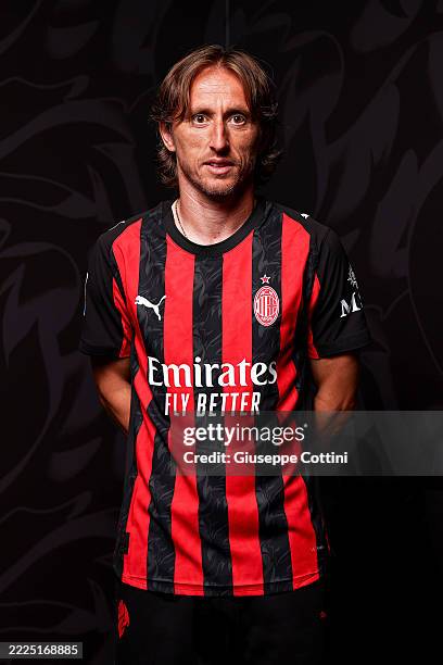 New AC Milan player Luka Modric poses with his new jersey at Casa Milan on July 14, 2025 in Milan, Italy.