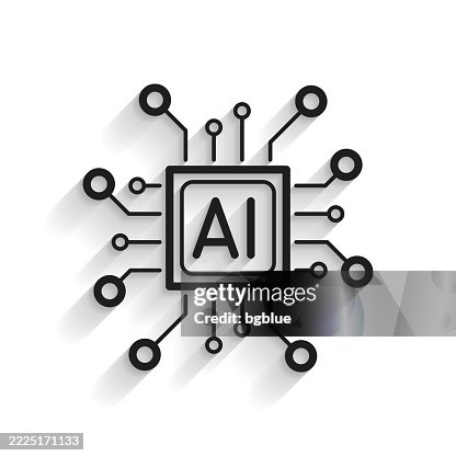 Processor with artificial intelligence AI. Line icon with long shadow on white background Processor with artificial intelligence AI. Line icon with long shadow on white background