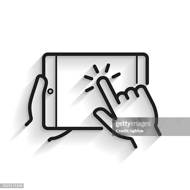 hand touch screen tablet pc. line icon with long shadow on white background - holding digital tablet stock illustrations