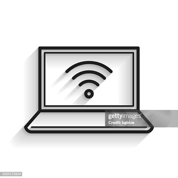 laptop with wifi. line icon with long shadow on white background - open notebook isolated stock illustrations